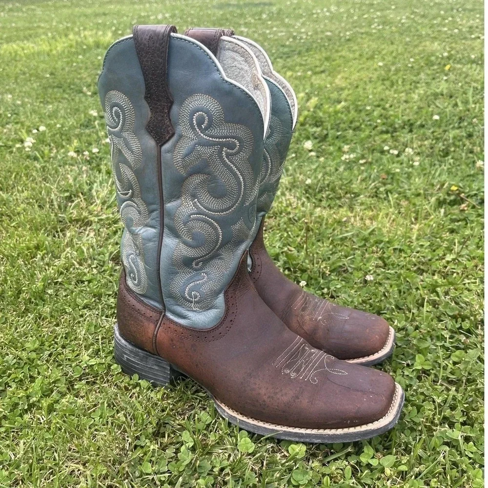 Ariat Quickdraw Western Cowboy Boots Women's 9B Brown Turquoise Square Toe - Picture 7 of 12